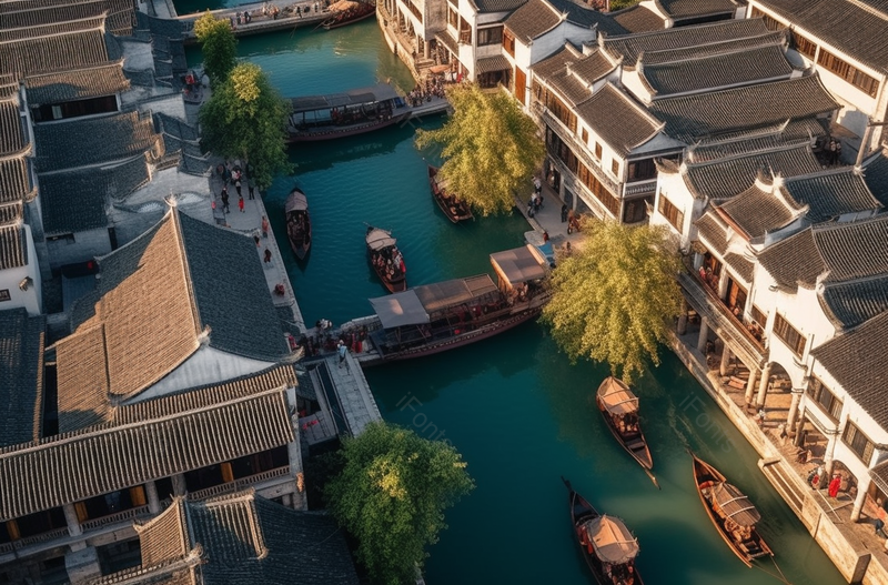 航拍午后的乌镇西栅河道船只,高清,摄影图,摄影图片,图片大全,摄影图免费下载